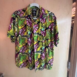 Vibrant Tropical Print Men's Casual Button Down Shirt - Yellow and Pink
